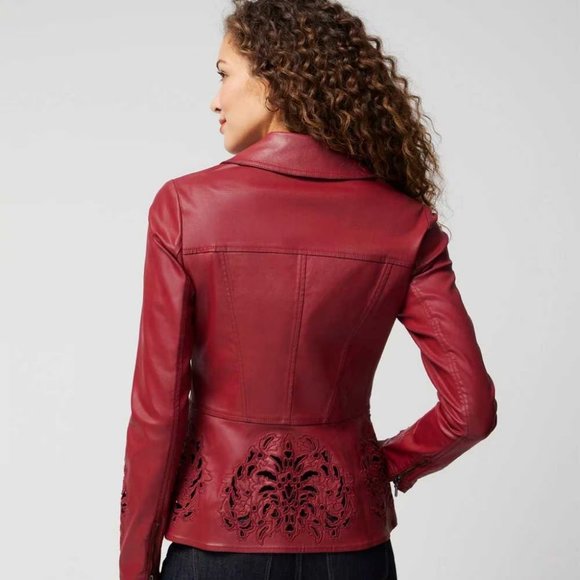 WHBM NWT Cutwork Coated Denim Flirty Jacket Dark Red LEATHER LOOK - Picture 4 of 12